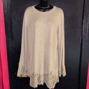 Belle France long length tan sweater with lace details. Sz XL.